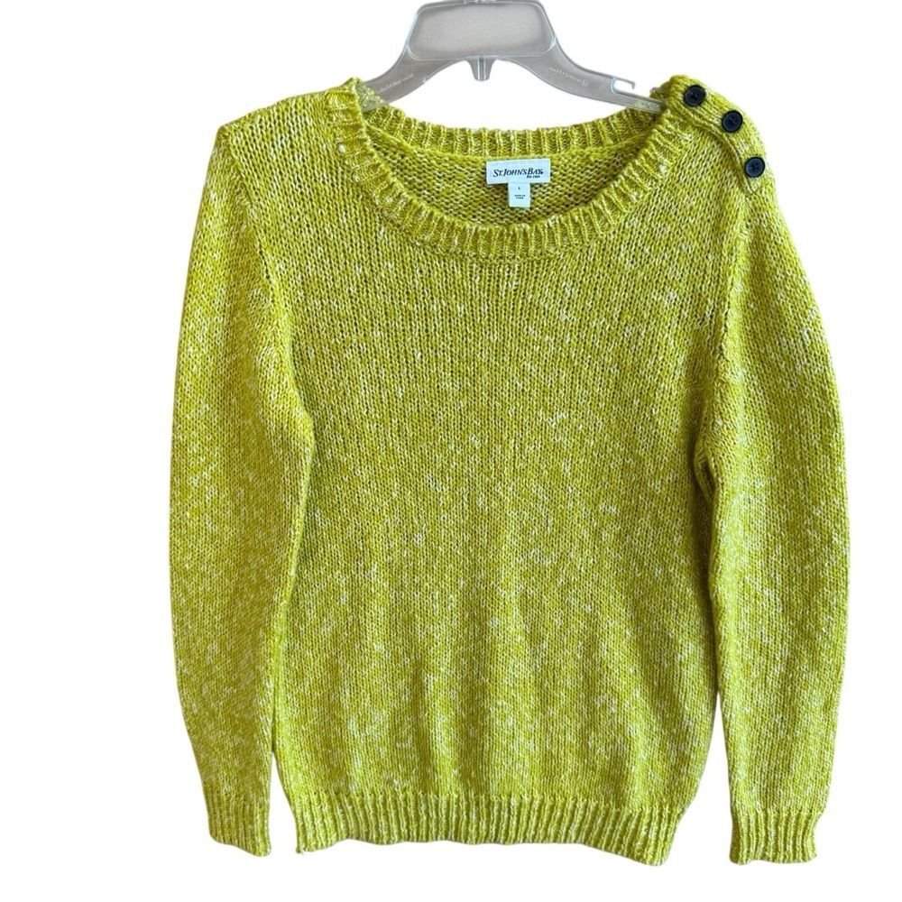 St. John's Bay Lime Green Knit Crew Neck Sweater w/ Button Accents Size Large